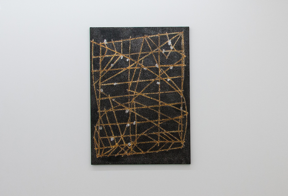 Daniel Boyd, Untitled (MINCC), 2014. Oil, charcoal and archival glue on canvas, 181 x 131 cm. Courtesy of the artist, STATION Gallery, and Roslyn Oxley9 Gallery