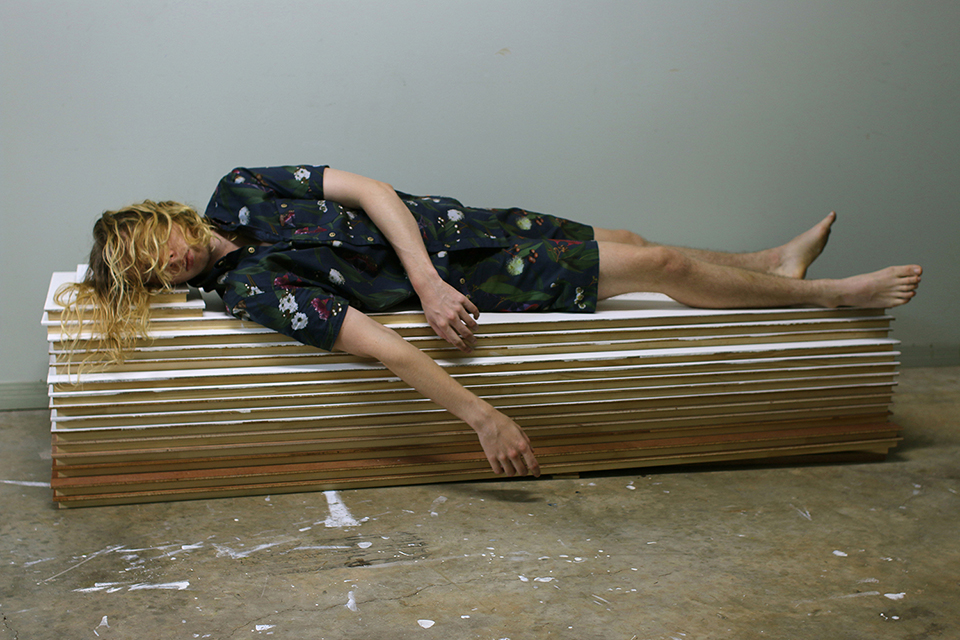 Tyza Stewart, keep pressure on glue for 6-12 hours to ensure maximum adhesion / having a nap, 2016, digital image.