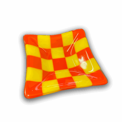 Square Glass Checkered Party Plate in Red & Yellow