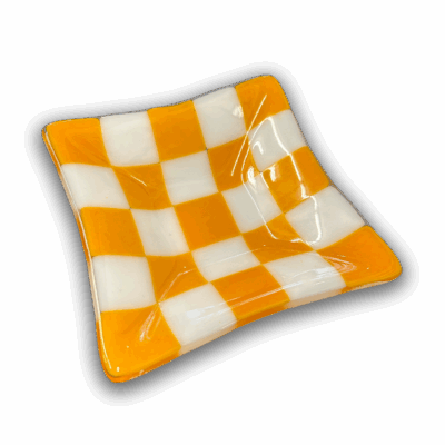 Square Glass Checkered Party Plate in Caramel & White