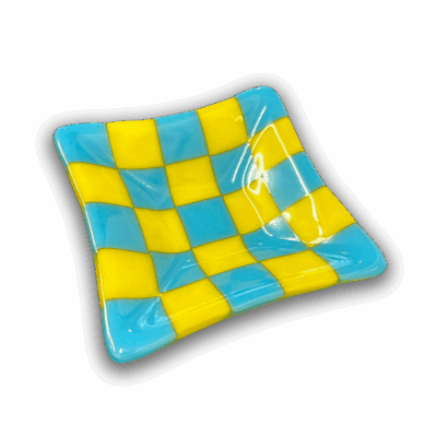 Square Glass Checkered Party Plate in Cyan & Yellow