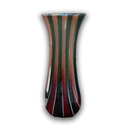 Tall Glass Vessel in Steel Blue & White Stripe with Garnet Red
