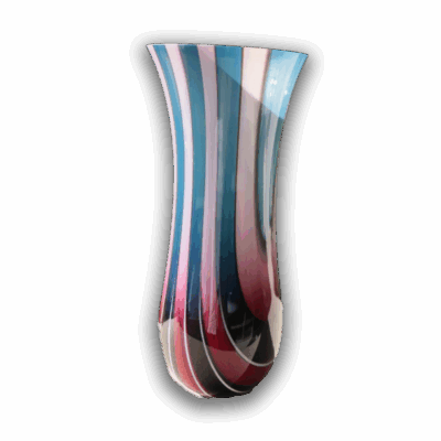 Tall Glass Vessel in Steel Blue & Vanilla Stripe with Cranberry Pink