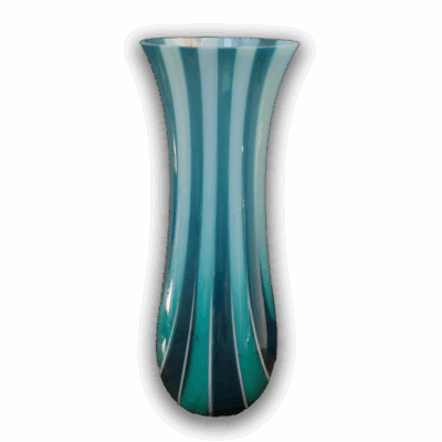Tall Glass Vessel in Steel Blue & White Stripe with Peacock Blue